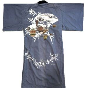 Vintage Japanese Traditional Mens Yukata Kimono Robe OS Fan Tea Bamboo Print